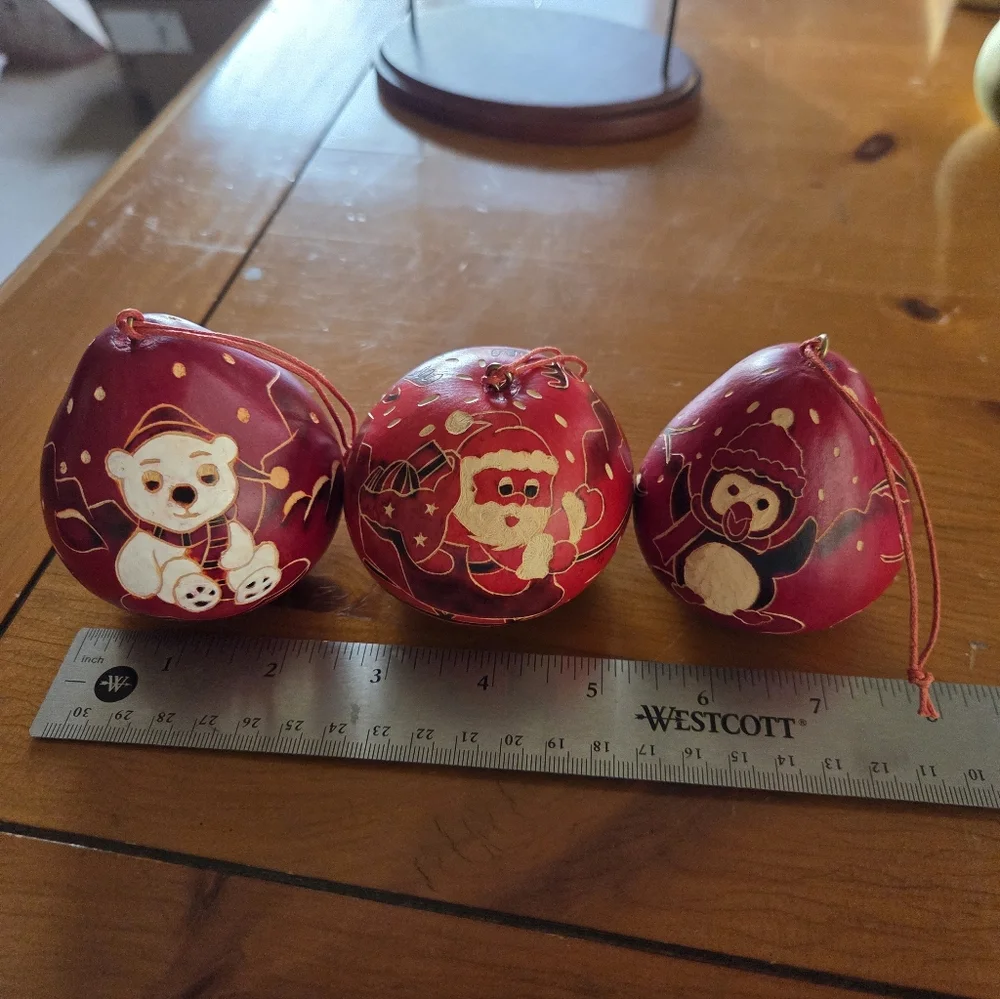 Hand Carved Dried Gourd Ornanent Trio (Polar Bear, Santa & Penguin)